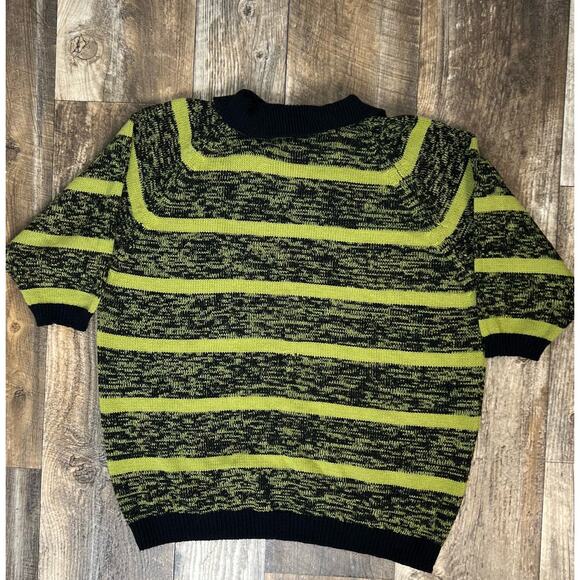 Vintage Green Black Collared Sweater Short Sleeve Stripped Plus Size 2X/3X - Picture 4 of 5